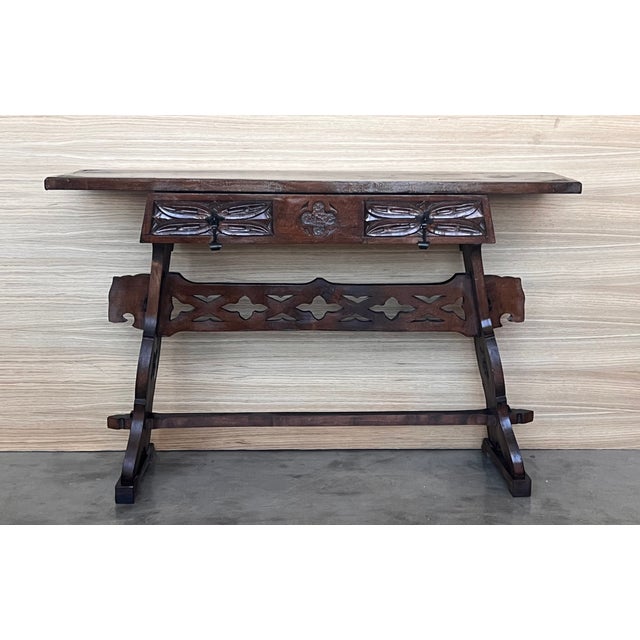 Baroque 19th Pair of Solid Walnut Baroque Lyre-Leg Trestle Nightstands With Drawer For Sale - Image 3 of 11