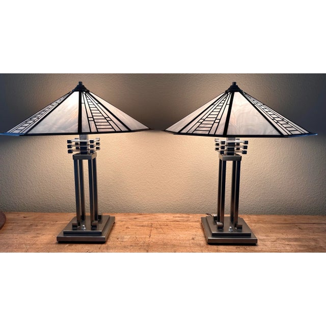 Fredrick Ramond Pair of Vintage Fredrick Ramond Art Deco Slag Glass Table Lamps Frank Lloyd Wright Style For Sale - Image 4 of 12