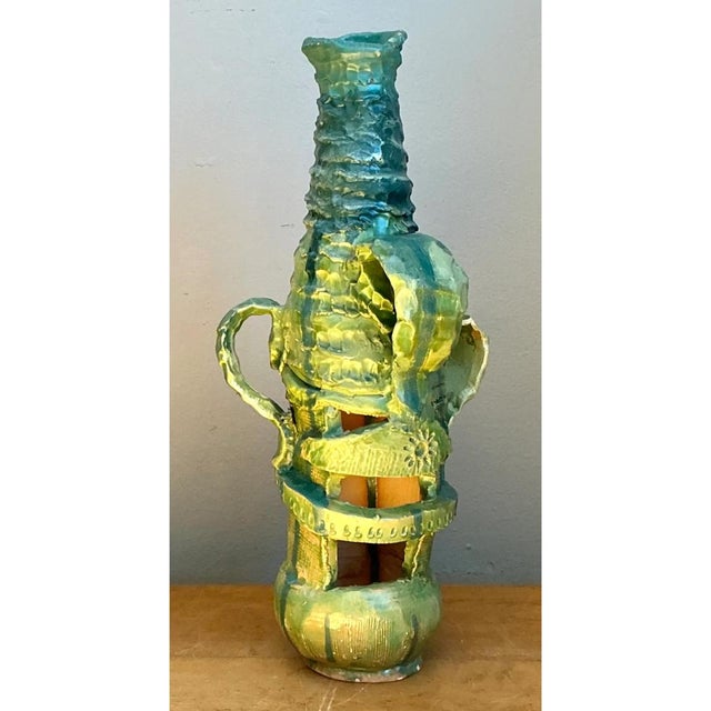 Chartreuse Vintage Abstract Glazed Cutout Ceramic Vase For Sale - Image 8 of 12