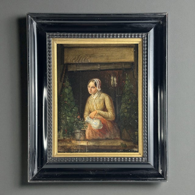 Girl by the Window with Delft Jug, 1750, Oil & Wood For Sale - Image 9 of 9