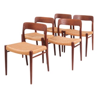 Model 75 Dining Chairs in Teak and Paper Wicker by Niels O. Møller for J.L. Møllers, 1960s, Set of 5 For Sale