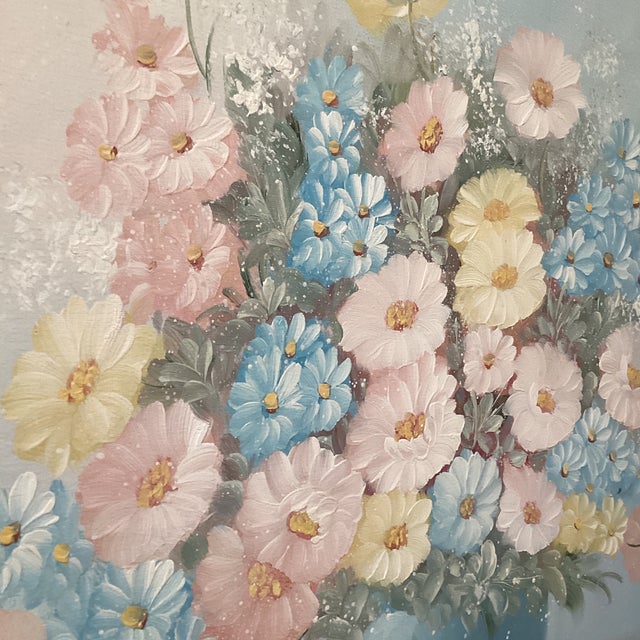 Vintage Still Life Pastel Painting on Canvas “Summer Bouquet in Blue Vase“ Signed Framed For Sale - Image 4 of 12