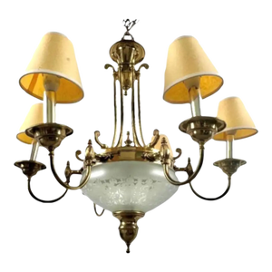 French Empire Style Brass & Etched Cut Glass Center Globe Chandelier - 6 Arms