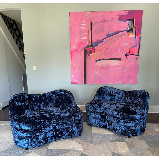 1950s Opulent Sapphire Blue Crushed Velvet Kidney Loveseats - a Pair For Sale - Image 11 of 11