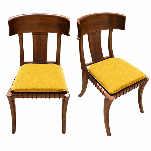 Solid walnut chairs. Modern Klismos dining chairs with upholstered seats cushions. The Robsjohn Gibbings style Klismos...