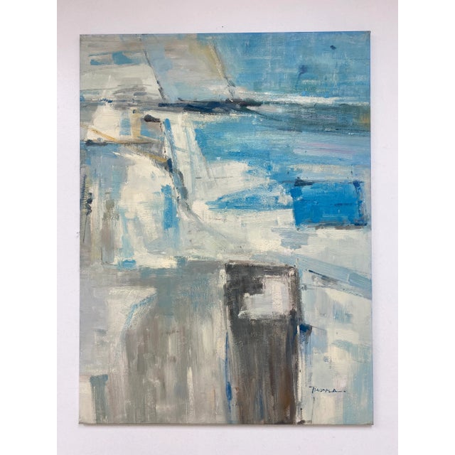 A cool and contemplative original oil painting on canvas featuring layered brushwork and a serene palette of blue gray...