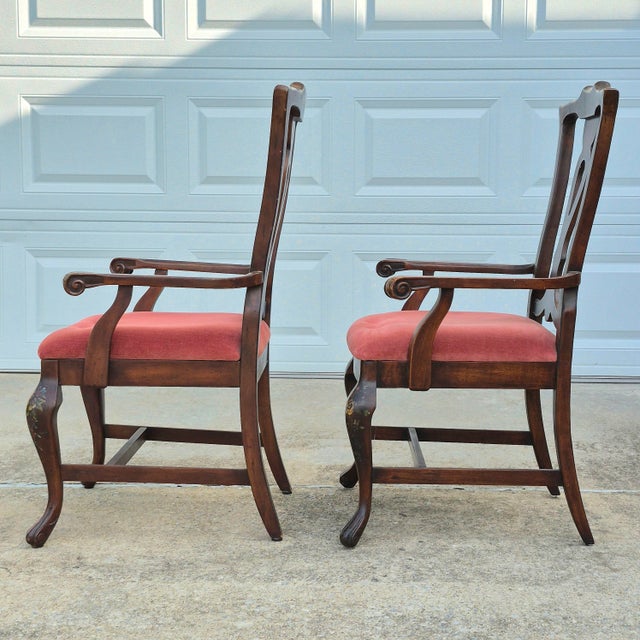 Mid-20th Century Vintage Lane Rustic Floral Paint Decorated Walnut Arm Chairs, a Pair For Sale - Image 10 of 18