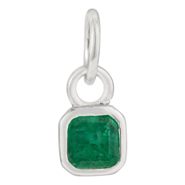 Square Cut Deep Emerald Bezel Set Green Charm Pendant in 18k White Gold For Sale