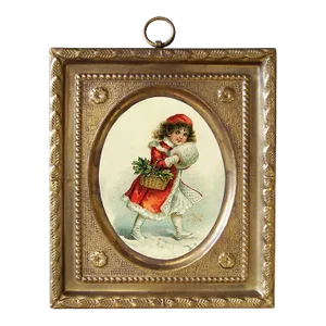 Victorian Girl With Basket of Holly Print in Embossed Brass Frame- Antique Vintage Style