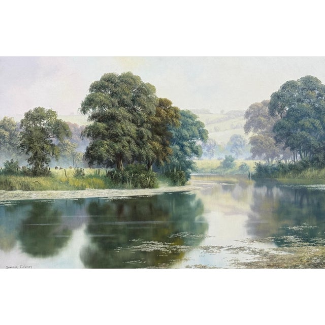Peaceful Misty Riverside in the English Countryside with Cows & Tree Reflections Circa 1990 For Sale - Image 15 of 17