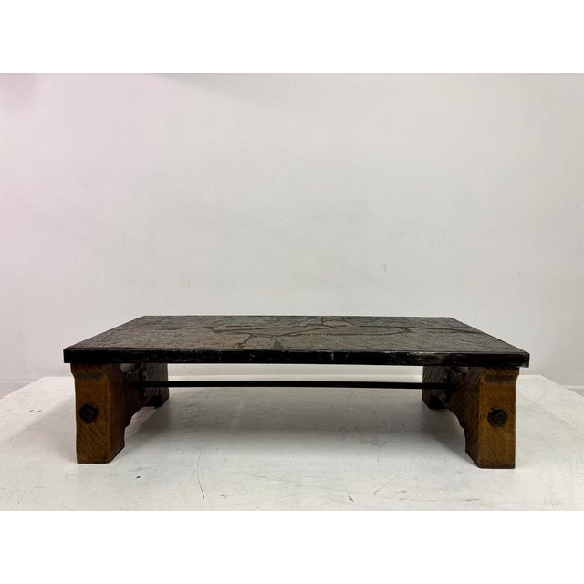 Brown Brutalist Slate, Concrete and Oak Coffee Table, 1960s For Sale - Image 8 of 12