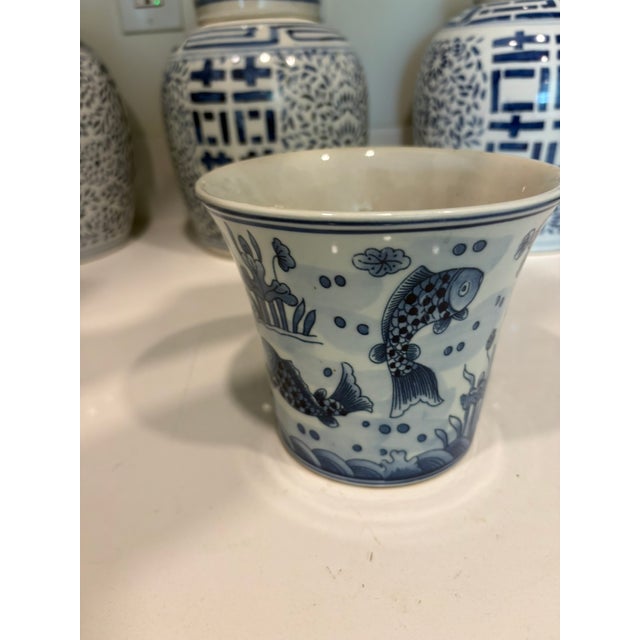 Ceramic Vintage Blue and White Koi Fish Ceramic Cachepot Planter For Sale - Image 7 of 7