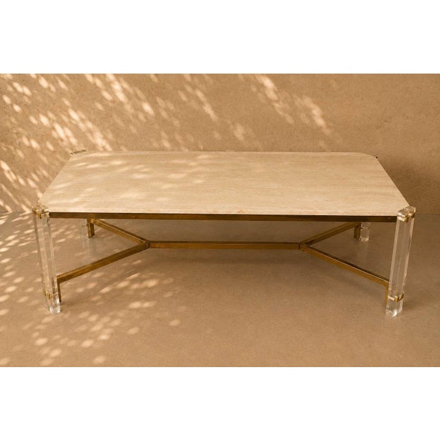 Dining Table in Travertine, Gold-Tone Metal and Acrylic Glass, 1970s For Sale - Image 9 of 18