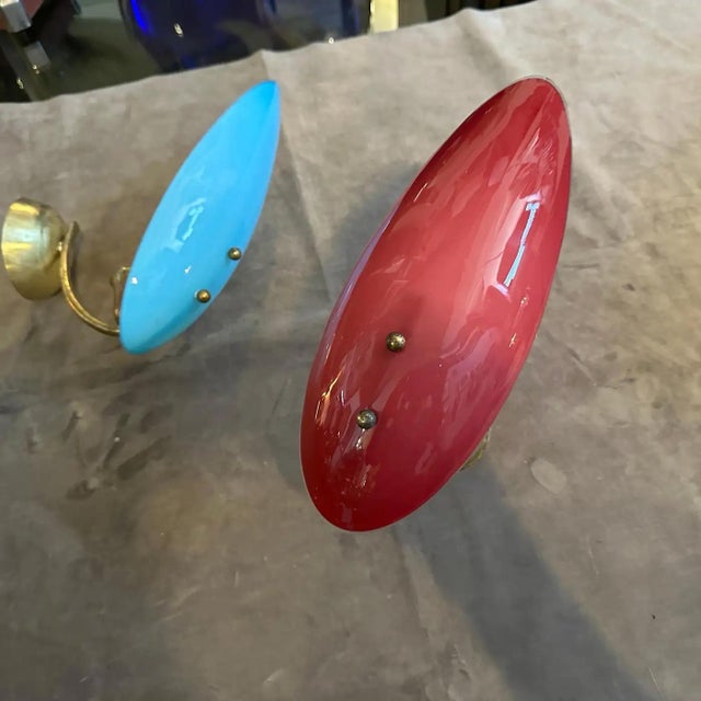 Dark Pink Two 1950s Mid-Century Modern Brass and Opaline Glass Italian Wall Sconces For Sale - Image 8 of 11