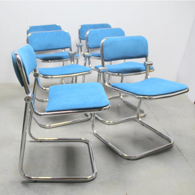 Bauhaus Blue Chrome Chairs, 1970s, Set of 6, in Very Good conditions. Designed 1970 to 1979