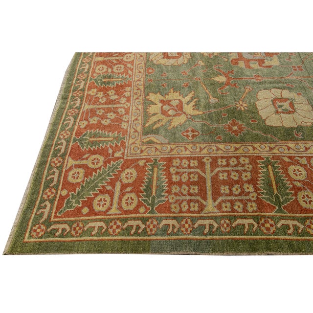 Modern Turkish Oushak Handmade Floral Motif Green Wool Rug For Sale - Image 9 of 10