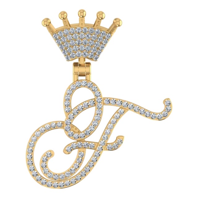 10K Yellow Gold Round Diamond Crown F Letter Initial Pendant 1/4 Cttw For Sale