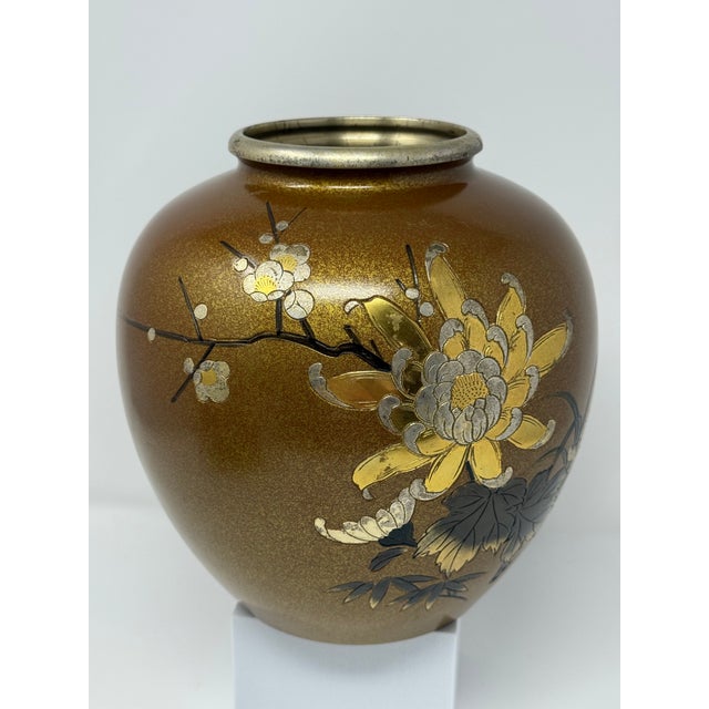 Mid 20th Century Japanese Mixed Metal Floral Vase, Gold Aventurine Ground, Signed, 8” For Sale - Image 9 of 12