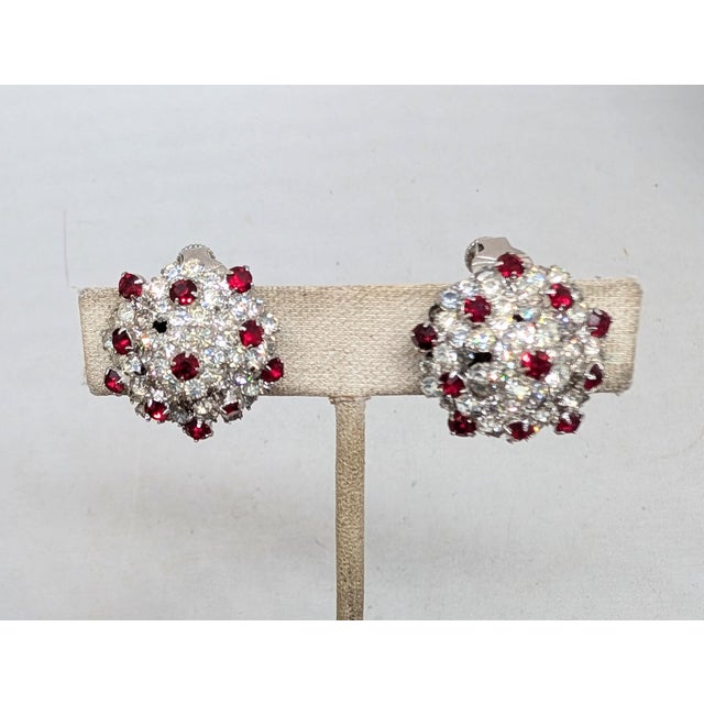 Metal Vintage 1960s Signed Vendome Rhodium Plated Clear & Faux-Garnet Clip Earrings-2 Pieces For Sale - Image 7 of 9