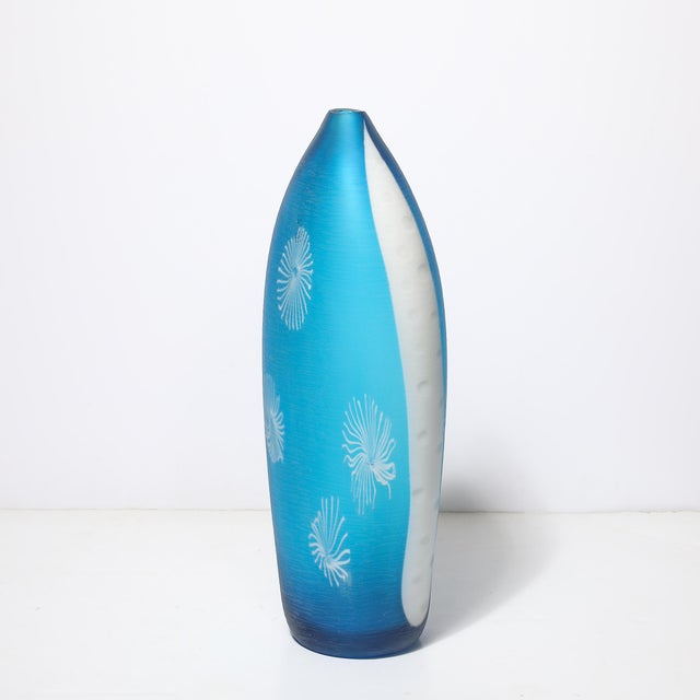 Mid-Century Hand-Blown Cerulean Blue Murano Glass Vase W/ Battuto Texturing For Sale - Image 10 of 16