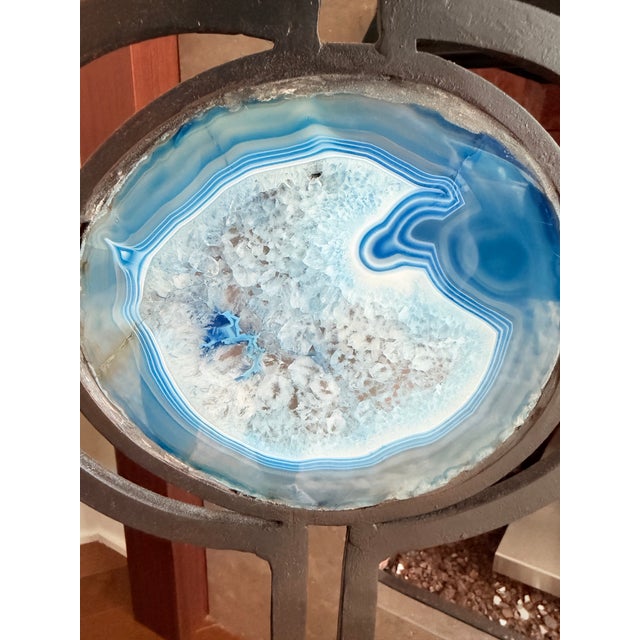 Vintage Modern Black Iron Fireplace Screen With Blue & White Agate Stone Insets For Sale - Image 4 of 10