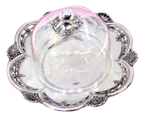 Silver Cheese Dish with Shells and Reliefs, Cut-Out Glass Dome and Silver Knob