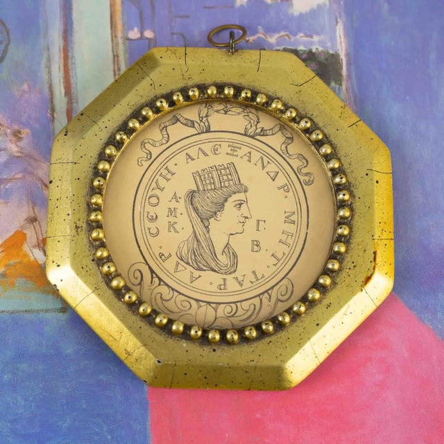 Wood Vintage Greek Alexandria Portrait in Round Gild Frame For Sale - Image 7 of 8
