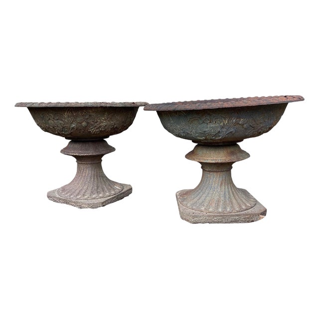 Mid 20th Century Monumental Cast Iron Urns with Foliate and Grape Design - A Pair For Sale