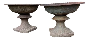 Mid 20th Century Monumental Cast Iron Urns with Foliate and Grape Design - A Pair