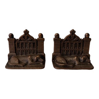Antique Cast Iron Sleeping Dog Manor Gate Bookends (A Pair) For Sale