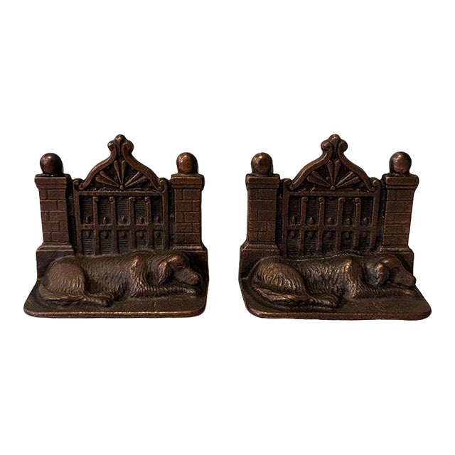Antique Cast Iron Sleeping Dog Manor Gate Bookends (A Pair) For Sale