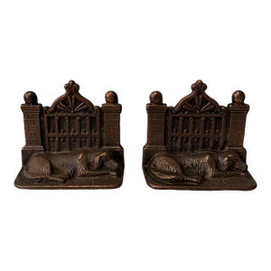 Antique Cast Iron Sleeping Dog Manor Gate Bookends (A Pair)