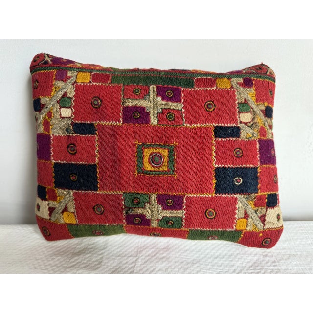 1950 Uzbek Metallic Art Deco Pillow, 11"x8"—a striking fusion of traditional Uzbek craftsmanship and bold Art Deco design....