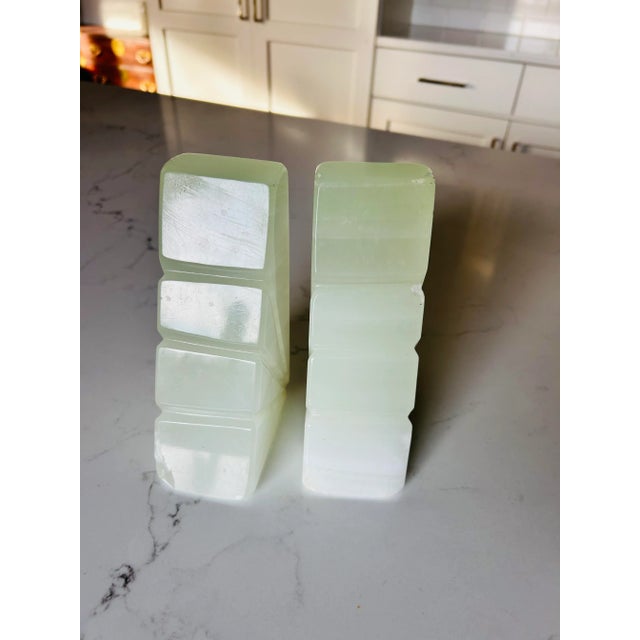 Mid-Century Onyx Marble Bookends Light Green & White With Etched Sunburst Detail- a Pair For Sale - Image 4 of 10