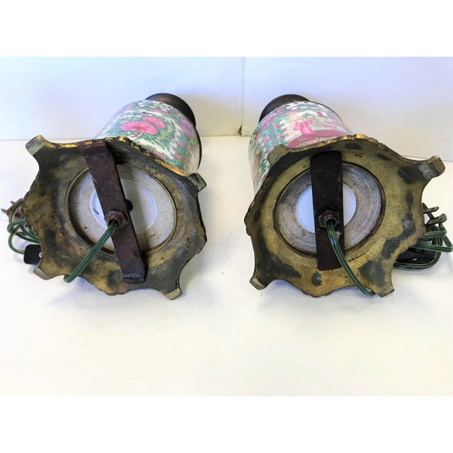Early 20th Century Antique Asian Chinoiserie Style Hand Painted Porcelain and Bronze Oil Lamps Converted to Electric - a Pair For Sale - Image 10 of 13