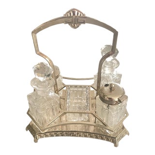 Early 20th Century Victorian Silver Plated Greek Key Condiment Cruet Set- 6 Pieces For Sale