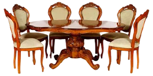Baroque Style Hand-Carved Walnut Dining Table and Chairs, 1930s, Set of 7