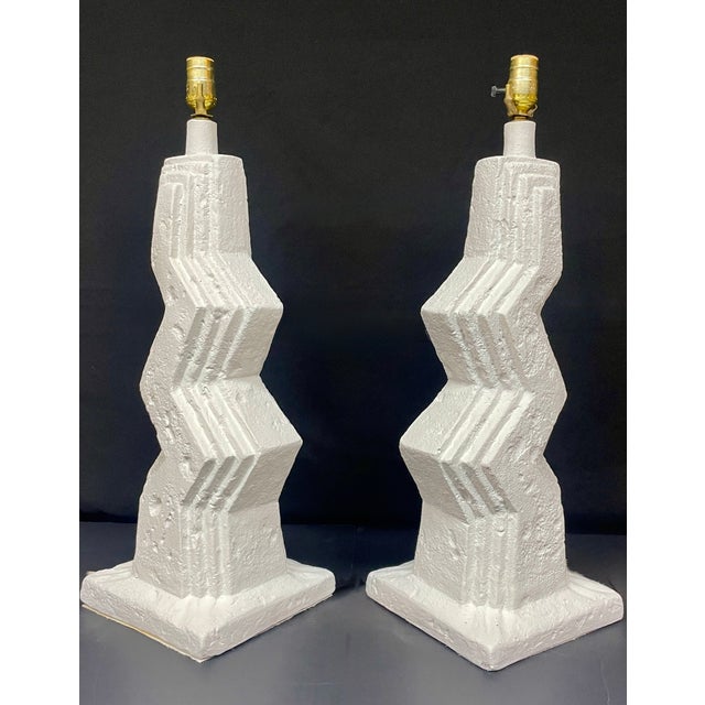 Excellent textured plaster pair of Postmodern, Memphis-style lamps from Ziggurat. We show with period-correct lamp shades,...