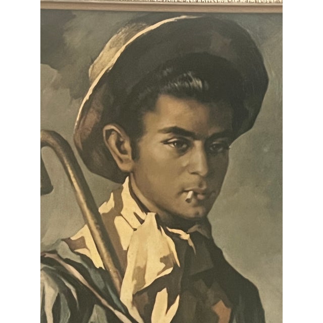 French Vintage Lithograph European Man in Hat With Cane and Copper Pot For Sale - Image 3 of 7