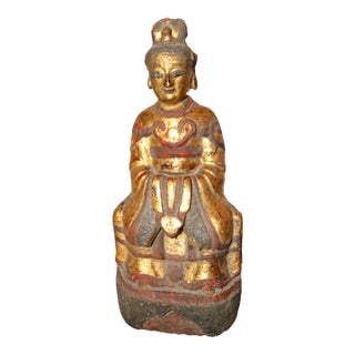 Antique Chinese Ming Dynasty Wood Immortal Lacquer Gold Leaf Taoist Sculpture For Sale