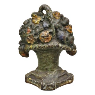 Antique Victorian Cast Iron Small Painted Orange Floral Bouquet Basket Door Stop For Sale