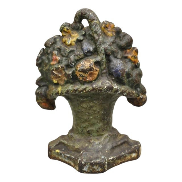 Antique Victorian Cast Iron Small Painted Orange Floral Bouquet Basket Door Stop For Sale
