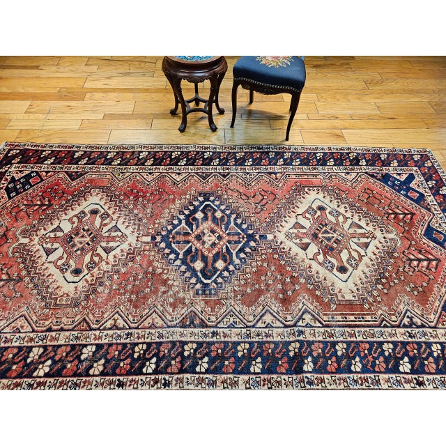 Vintage Persian Shiraz Tribal Area Rug, Hand-Knotted Wool, Geometric Pattern, Rust-Red & Navy, 5x10 For Sale - Image 10 of 11