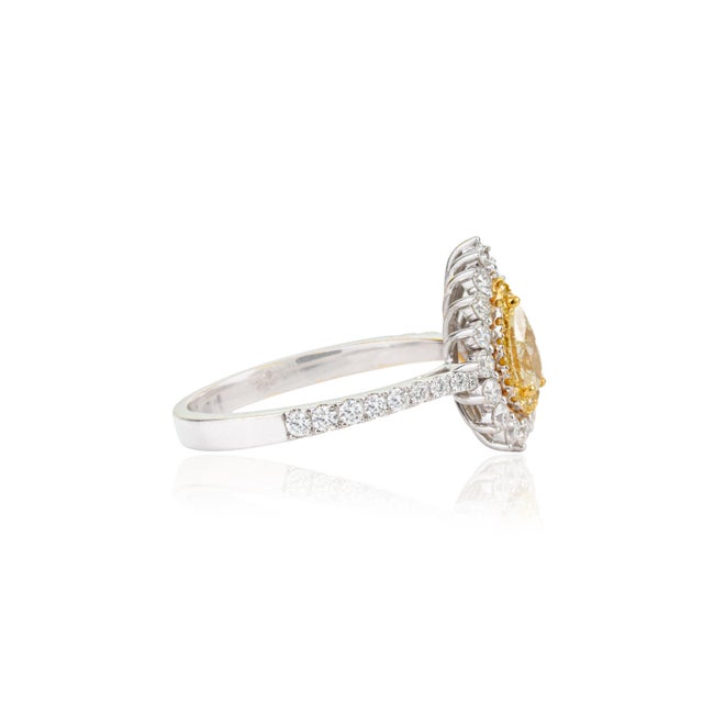 Metal Transitional 1ct Yellow Diamond Double Halo 18k Gold Pear Engagement Ring Size 4 For Sale - Image 7 of 18