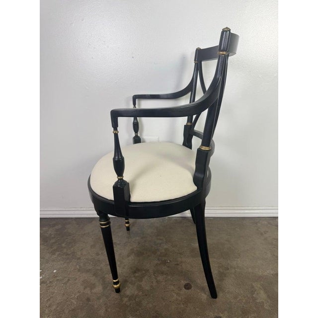 Wood Set of Twelve Regency-Style Ebonized Dining Chairs With Linen Seats For Sale - Image 7 of 11