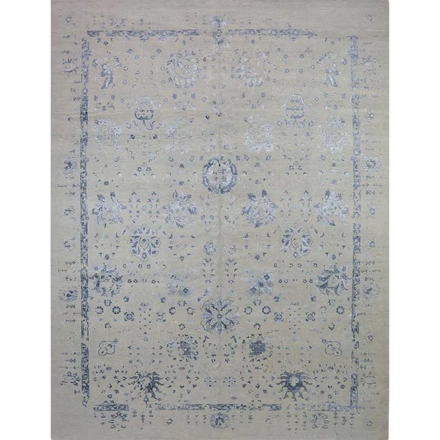 Handwoven Wool and Silk Light Gray/Blue Artisan Style Rug 12'1" X 15'8" For Sale