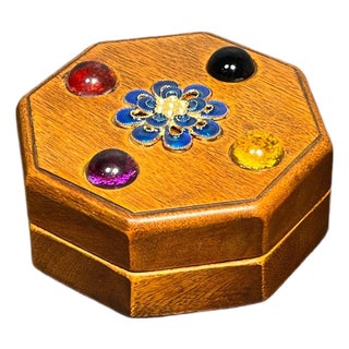 Vintage Rosewood Octagonal Box With Cloisonné Flower & Gemstone Inlay For Sale