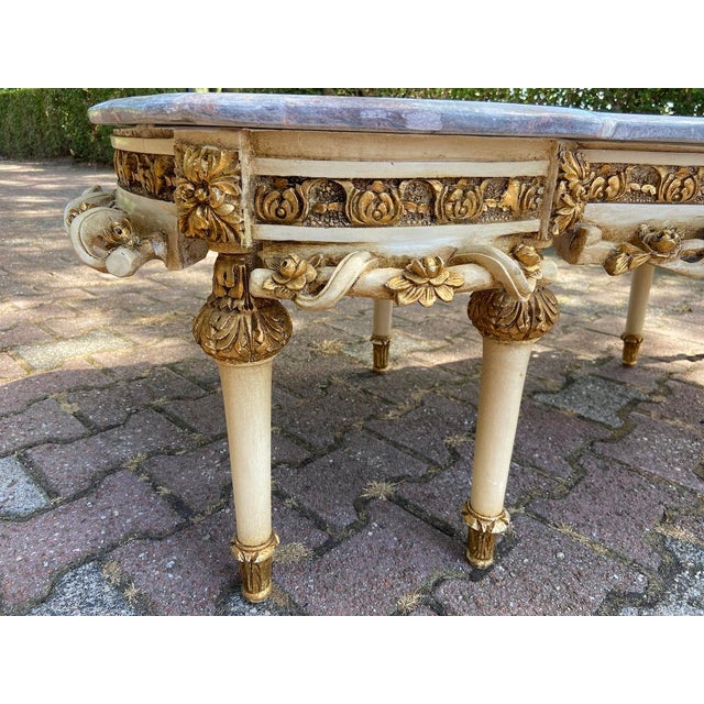 1980s Louis XVI Style Antique White Beech Marble Coffee Table For Sale - Image 11 of 18