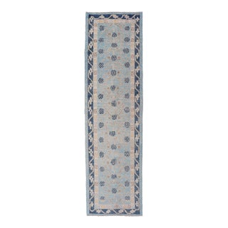 Turkish Khotan Designed Runner With Pomegranate Design in Cream, Tan and Blues For Sale
