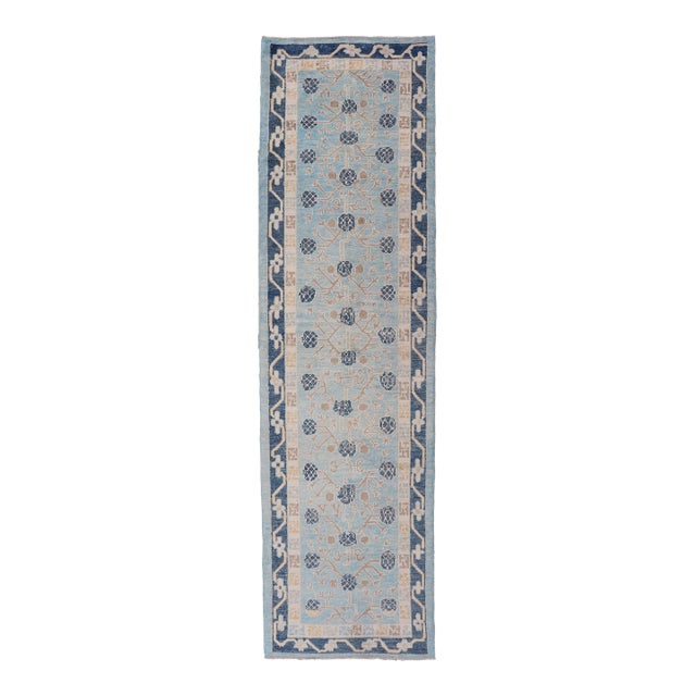 Turkish Khotan Designed Runner With Pomegranate Design in Cream, Tan and Blues For Sale